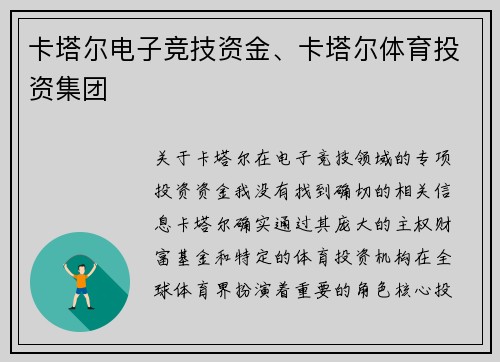 卡塔尔电子竞技资金、卡塔尔体育投资集团